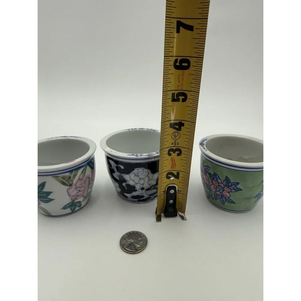 Vintage Trio‎ of Mini Chinoiserie Porcelain Planter Floral 3